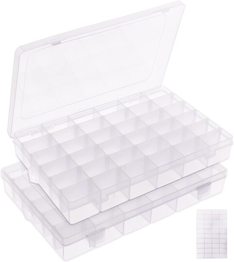 2-Pack 36-Grid Plastic Bead Organizer Boxes – Adjustable Divider Storage for Jewelry Making, Crafts, Screws, Parts, Tackle, and Rock Display
